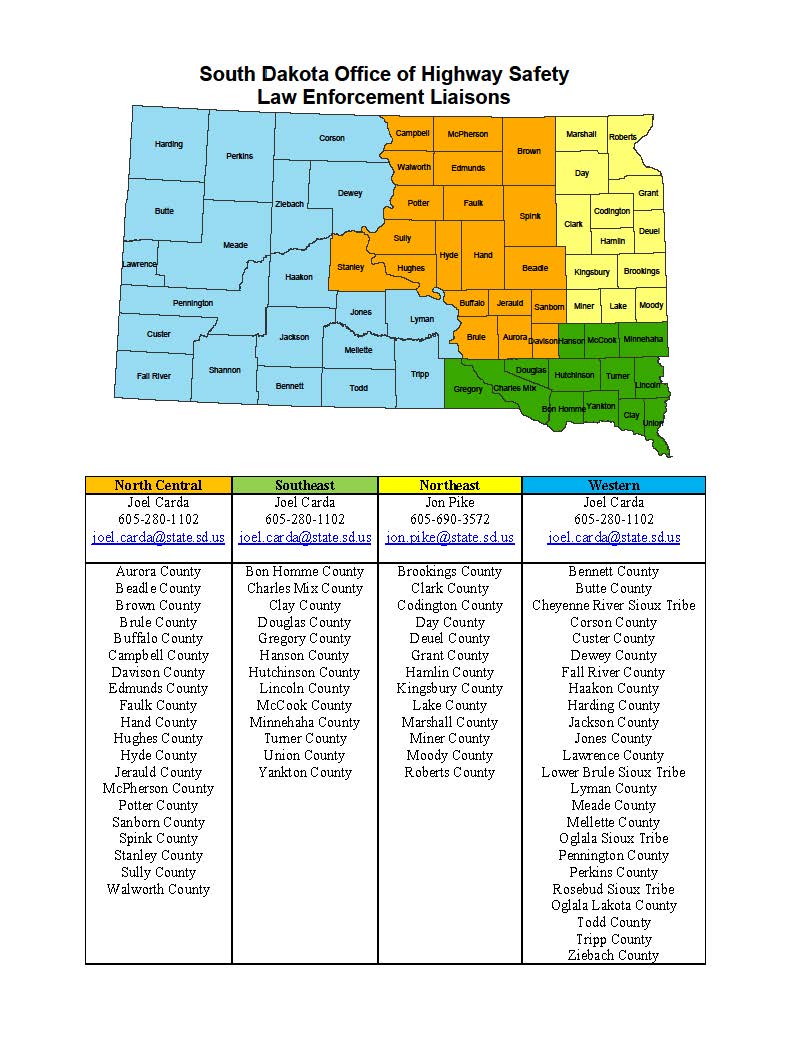 Image of South Dakota Office of Highway Safety Law Enforcement Liaison Map revised March 2024